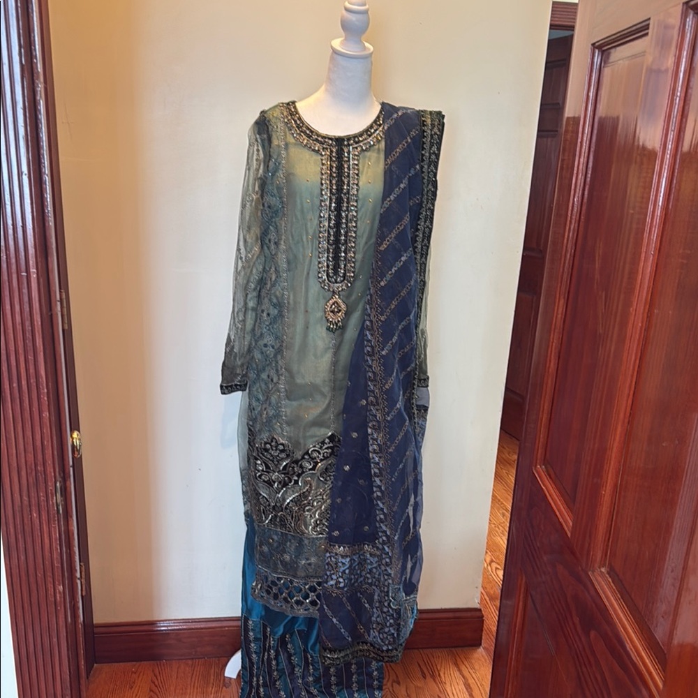 Elegant Blue and Green Embroidered fancy Dress